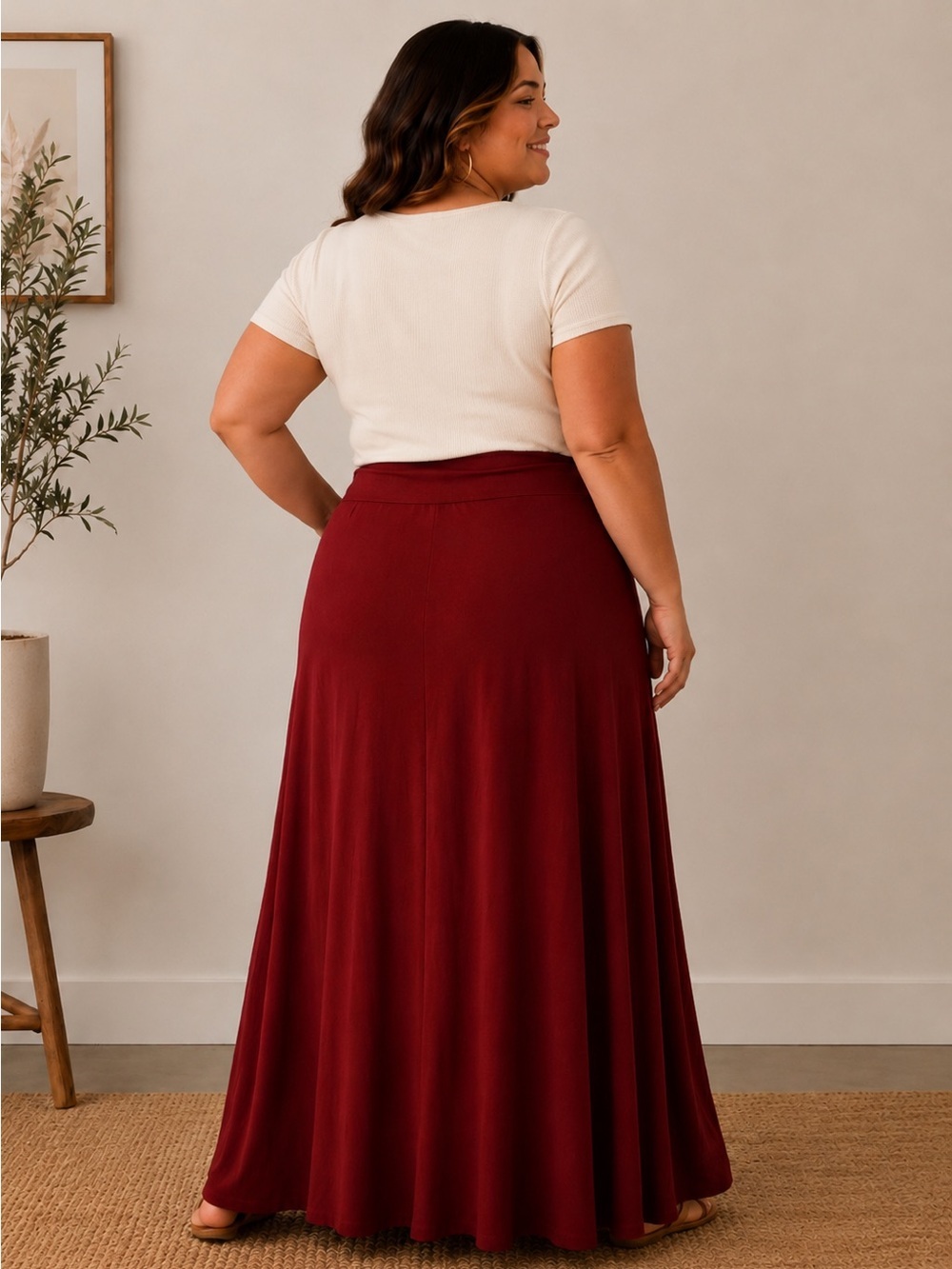 Zenana Outfitters Plus-Size Tie-Waist Maxi Skirt in Burgundy and Cream - Picture 2 of 4